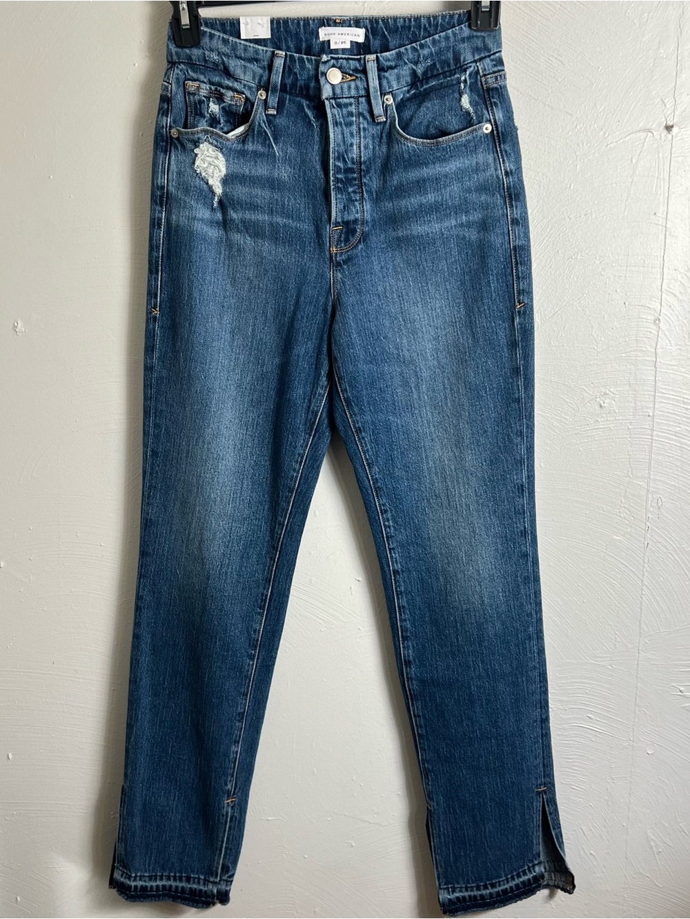 Good American Good Boy Jeans Split Hem Tummy Tech Button Fly Size 0/25 NWT